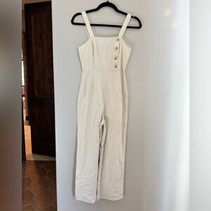 Linen Blend Button Front Wide Leg Jumpsuit Neutral Minimalist Cottagecore XS